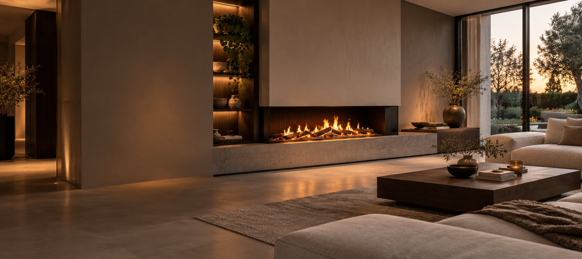Sfeervolle moderne woonkamer met een brede ingebouwde haard