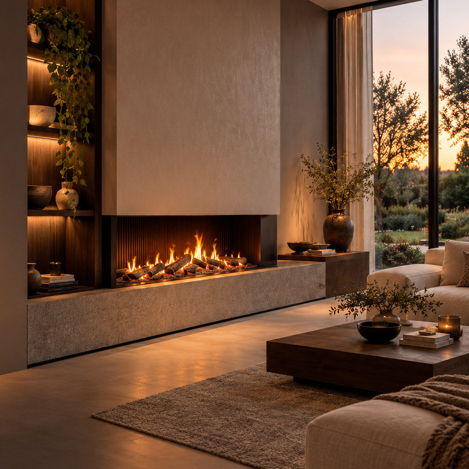 Moderne woonkamer met ingebouwde haard en warm vuur